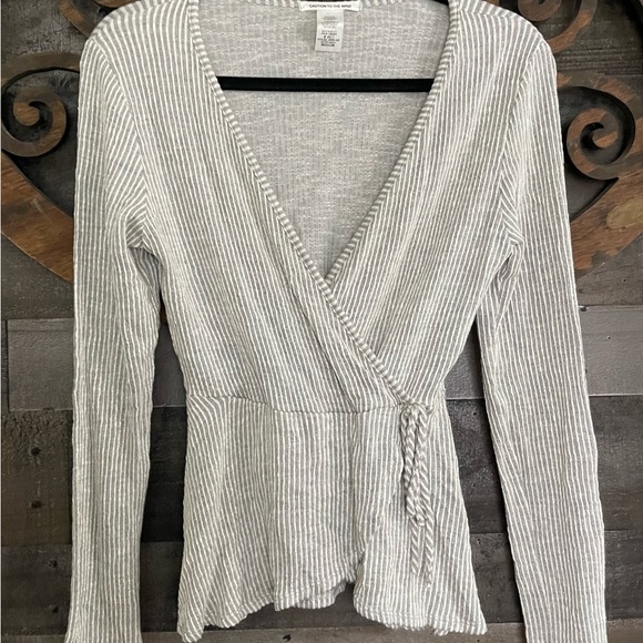 Faux Wrap Top Tie V Neck Pin Stripe Boho Preppy Minimalist Blouse - Picture 16 of 16